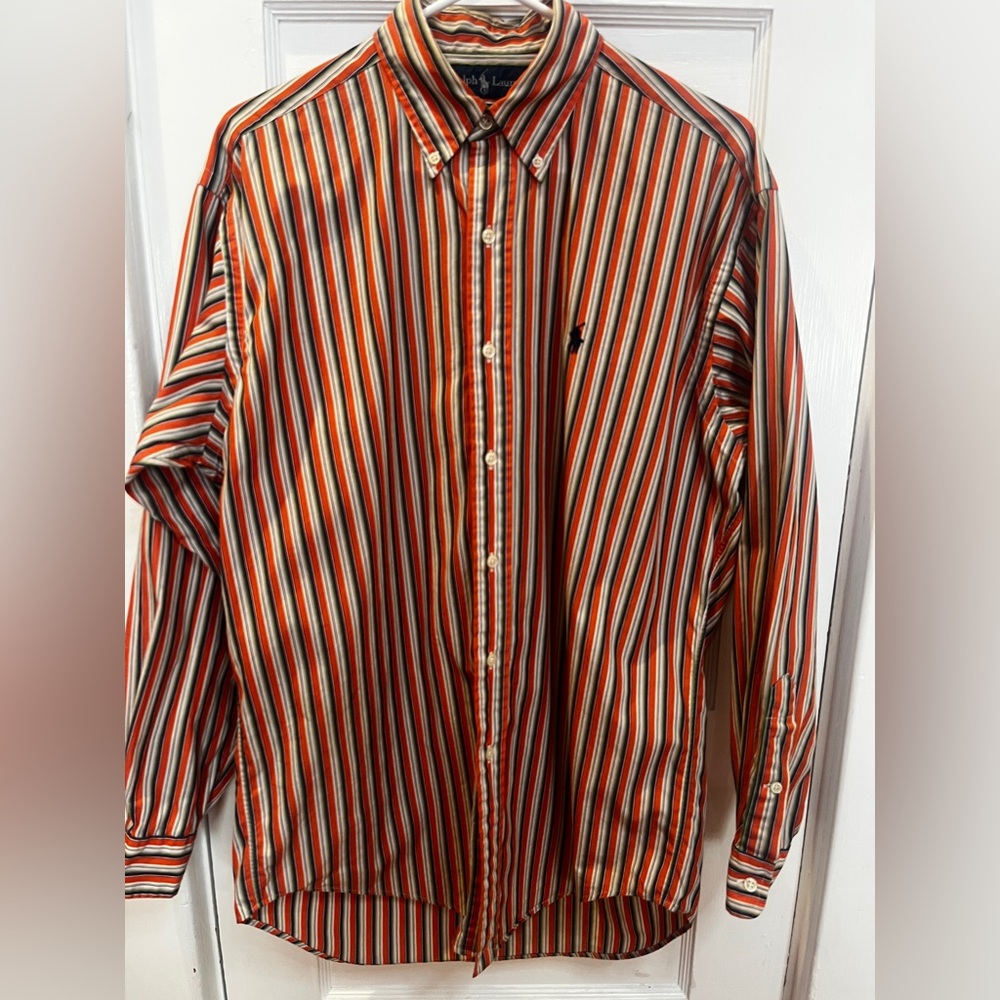 Ralph Lauren Orange, White & Black Striped Button-Down Shirt